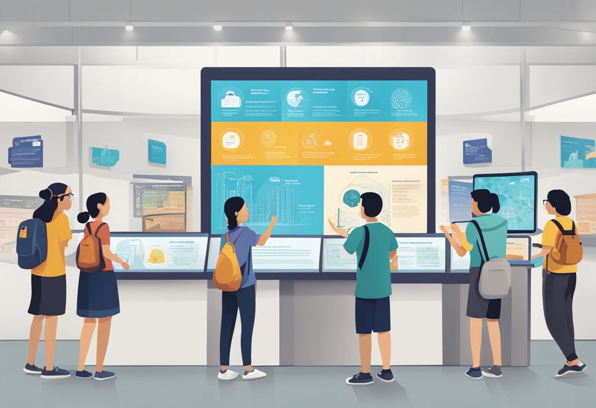 Visitors explore interactive exhibits at the Science Museum Singapore, reading and engaging with frequently asked questions displays