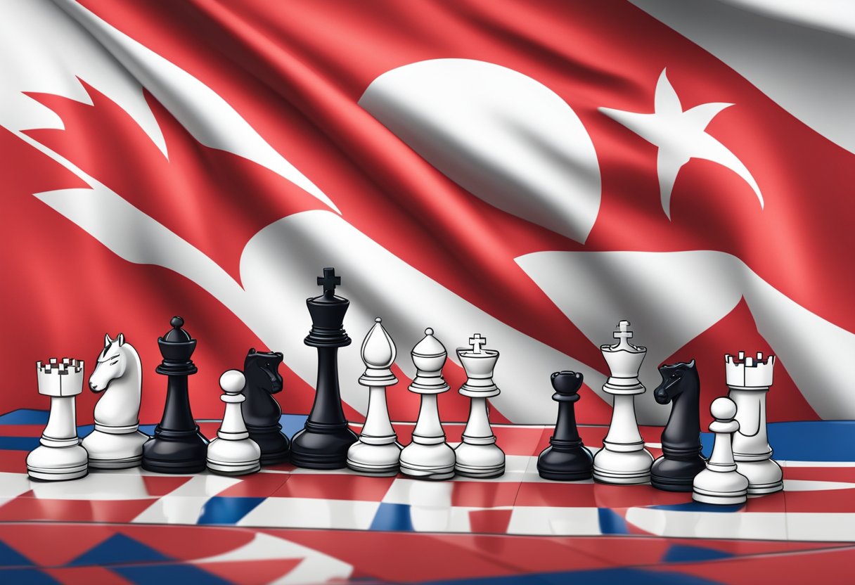 Chess pieces arranged on a board with the Singapore flag in the background