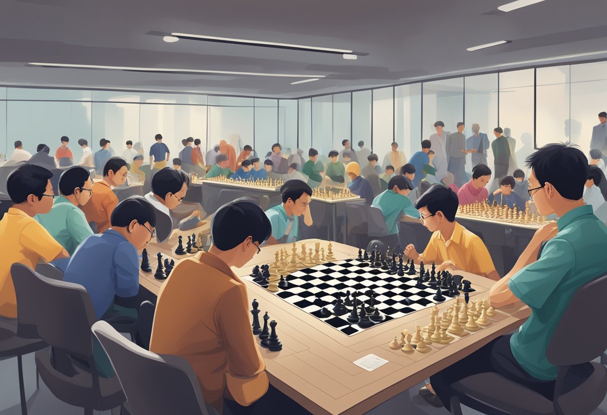 Chess players gather at Singapore Chess Federation, focused on intense matches. Chessboards and pieces fill the room, surrounded by players deep in concentration