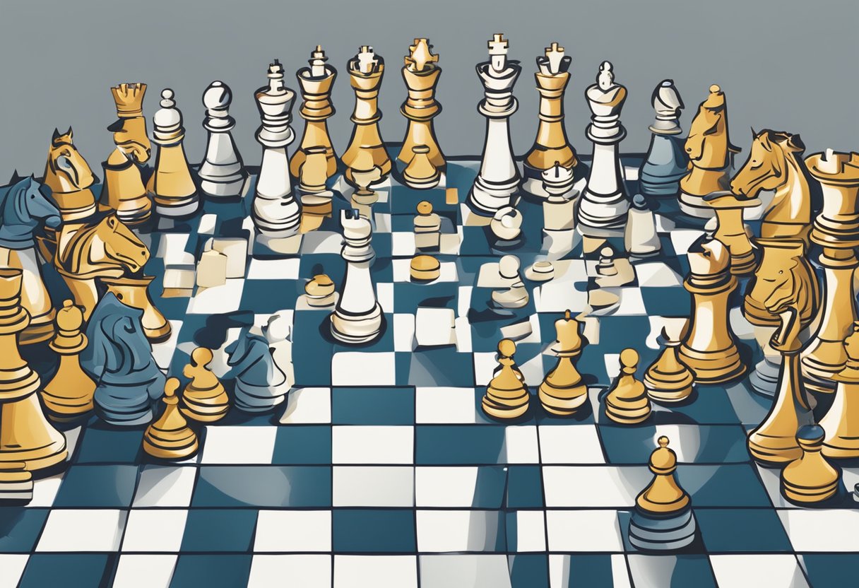 Chessboard with pieces, surrounded by people asking questions. Singapore Chess Federation logo displayed prominently
