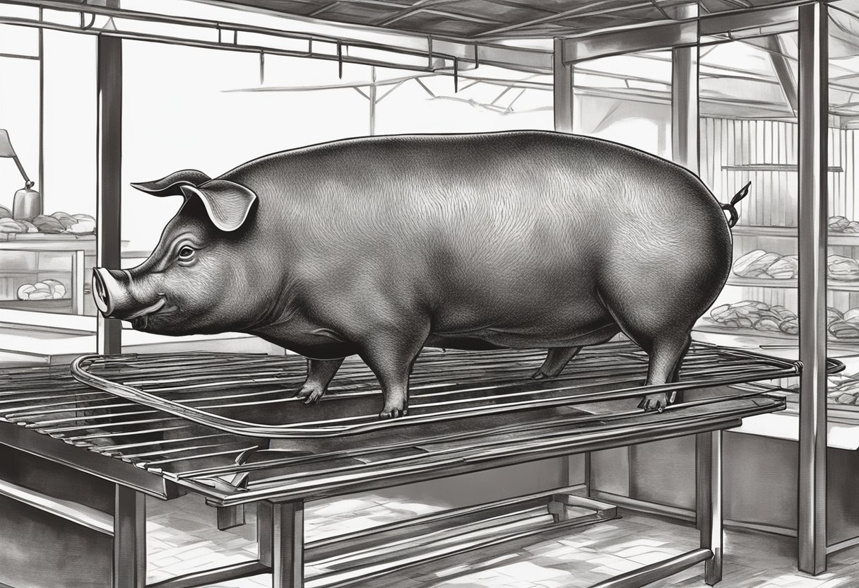 A whole suckling pig roasting on a spit over an open flame in Singapore. The pig is golden brown and crispy, with its skin crackling and sizzling