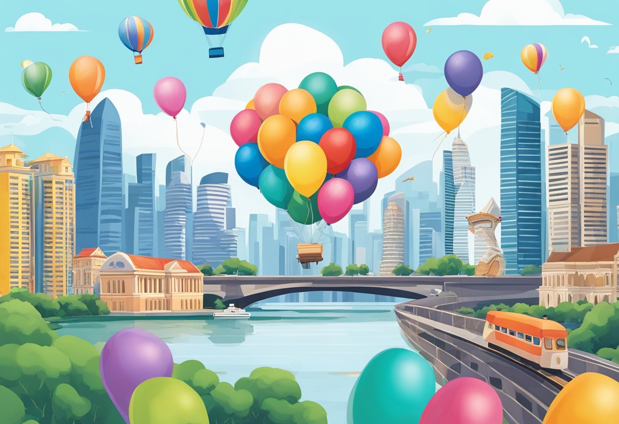 Colorful balloons float above a cityscape, with iconic Singapore landmarks in the background. A delivery person's hand holds a cluster of balloons, ready to be delivered