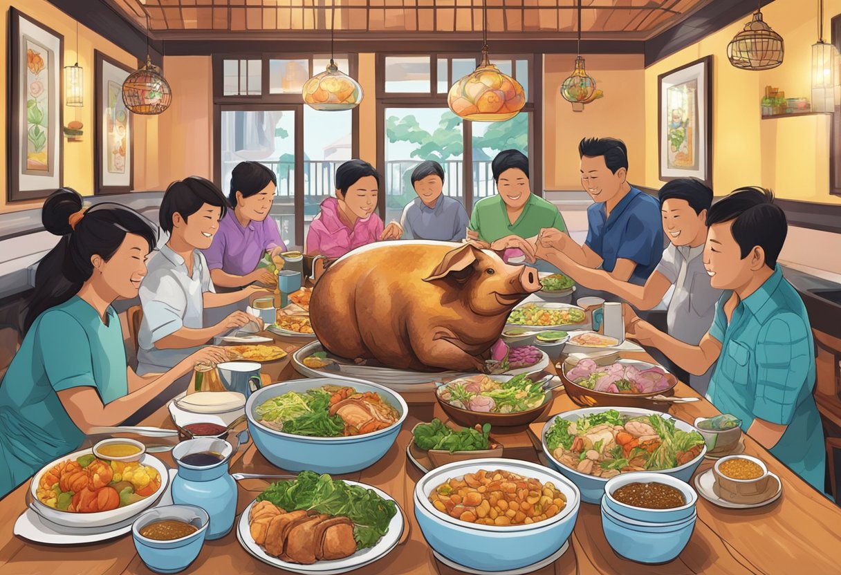 A table set with a whole roasted suckling pig, surrounded by vibrant dishes and colorful decorations, in a bustling Singaporean restaurant