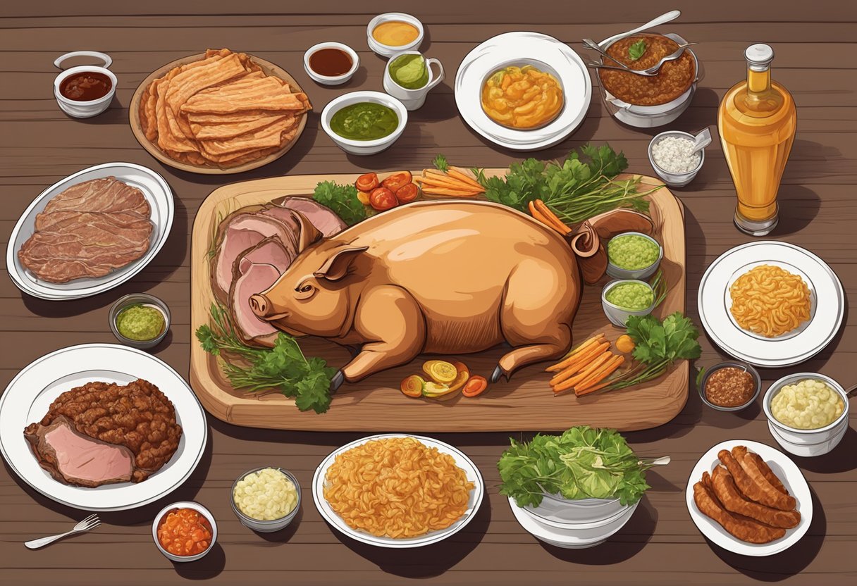 A table set with a whole suckling pig, surrounded by plates of crispy skin and tender meat, accompanied by traditional condiments and garnishes