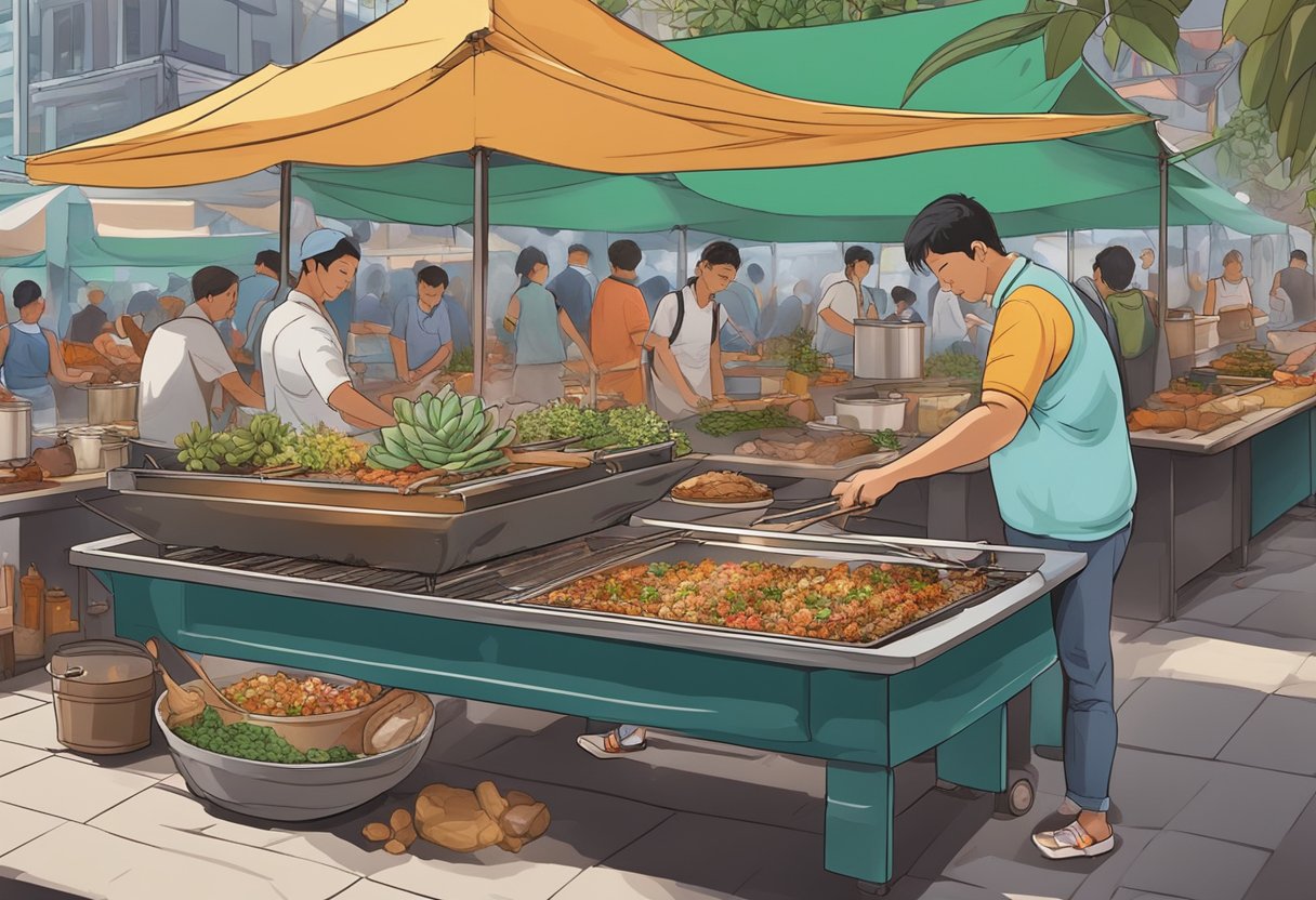 A succulent suckling pig roasting on a spit, surrounded by vibrant herbs and spices, with a backdrop of bustling Singapore street food stalls