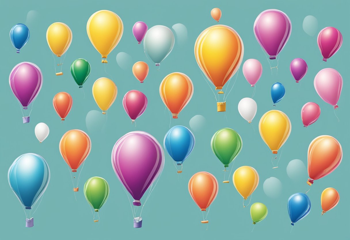 Various balloons in different shapes, sizes, and colors are displayed with options for customizations like printed messages and designs