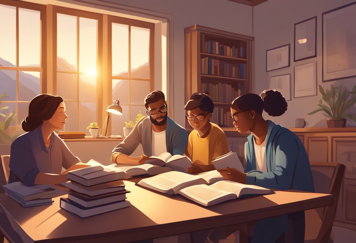 A group of people gather in a cozy room, studying the Bible together. Books and study materials are spread out on the table, while warm light filters in through the window