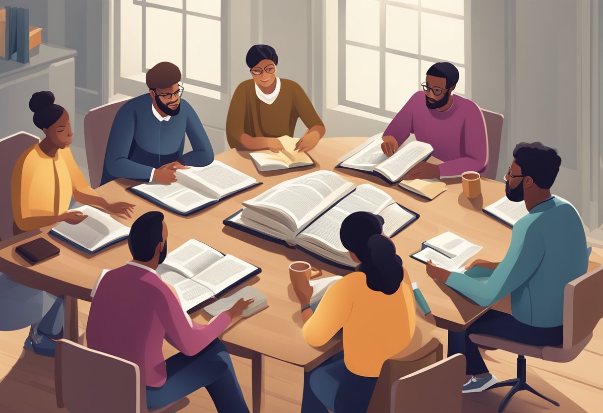 A group of people gathered around a table, studying the Bible with open books and notebooks, engaged in discussion and learning
