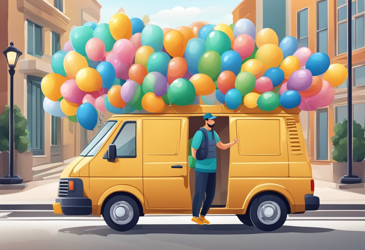 A customer orders balloons online. A delivery person prepares and loads balloons into a van. The van drives off to deliver the balloons