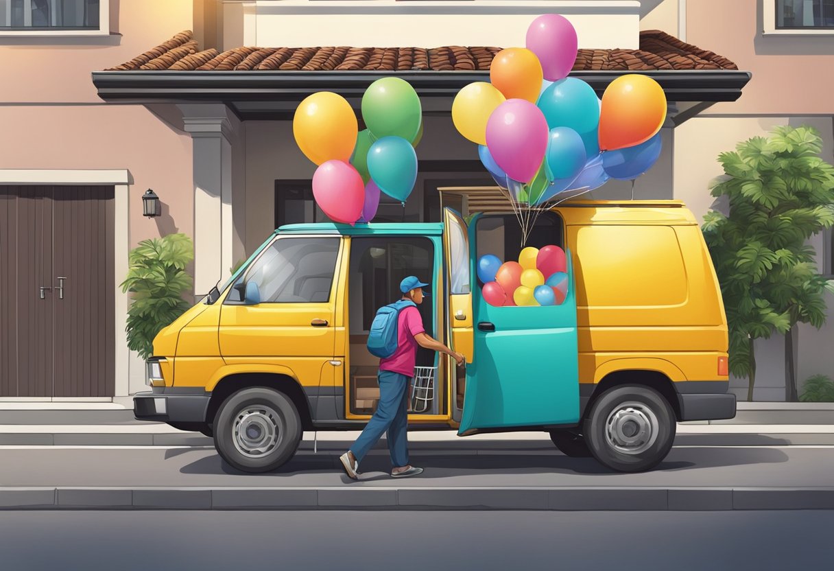 A colorful balloon delivery van parked outside a Singaporean home, with a person receiving a bundle of balloons from the delivery driver