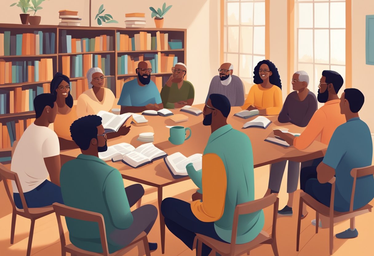 A diverse group gathers in a bright, open space for a lively bible study discussion, surrounded by books, notes, and warm fellowship