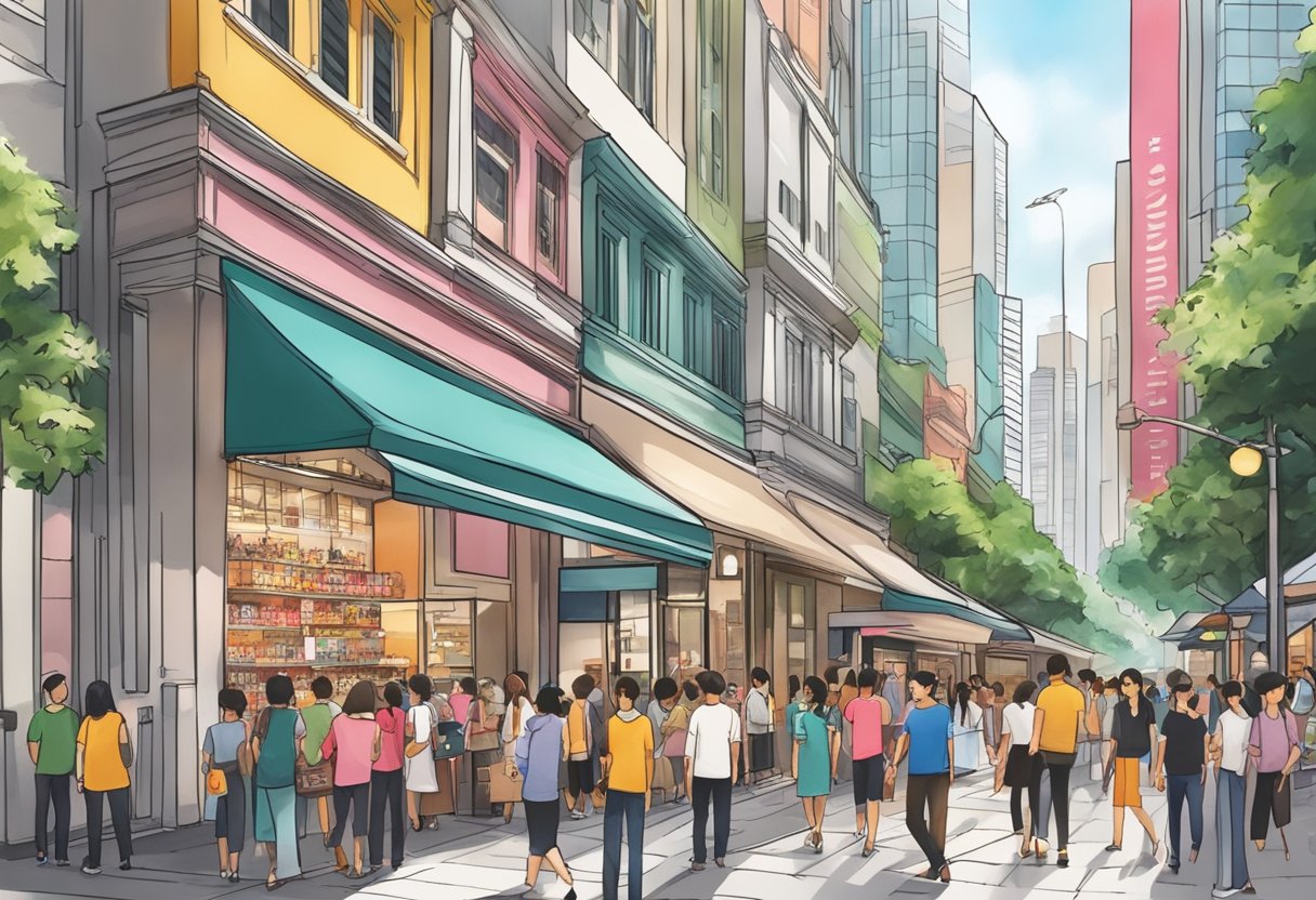 A bustling street in Singapore, with vibrant storefronts and bustling crowds, featuring a prominent Bobbi Brown store