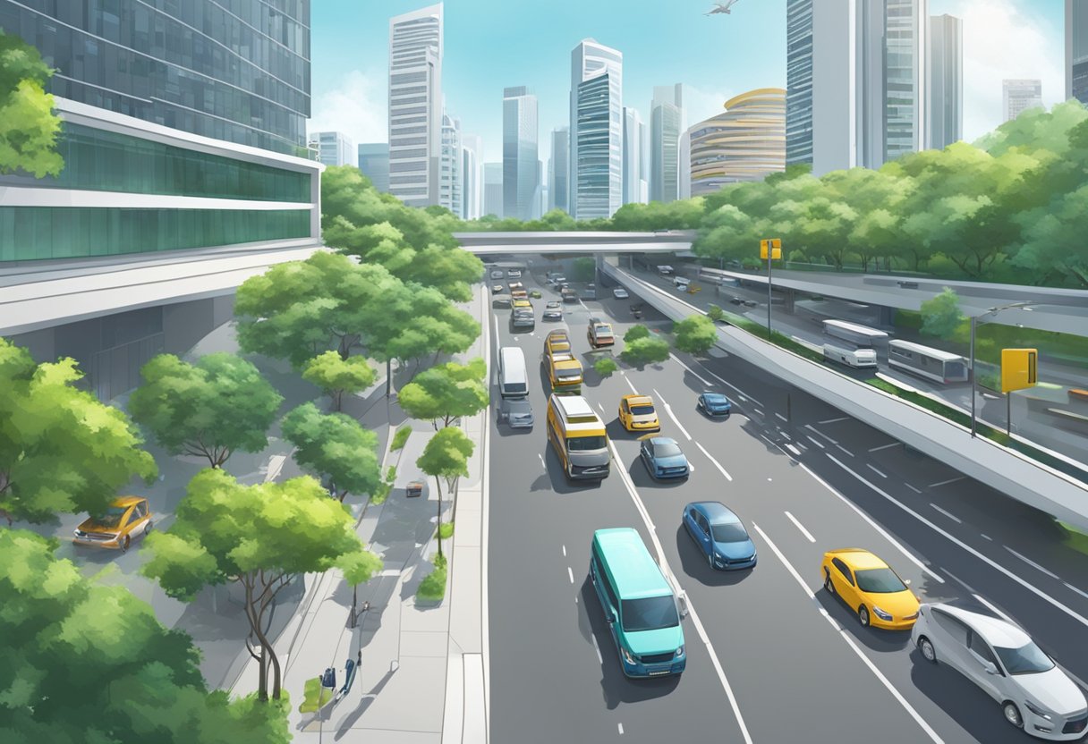 A Singapore traffic camera captures vehicles on a busy street, surrounded by modern buildings and lush greenery