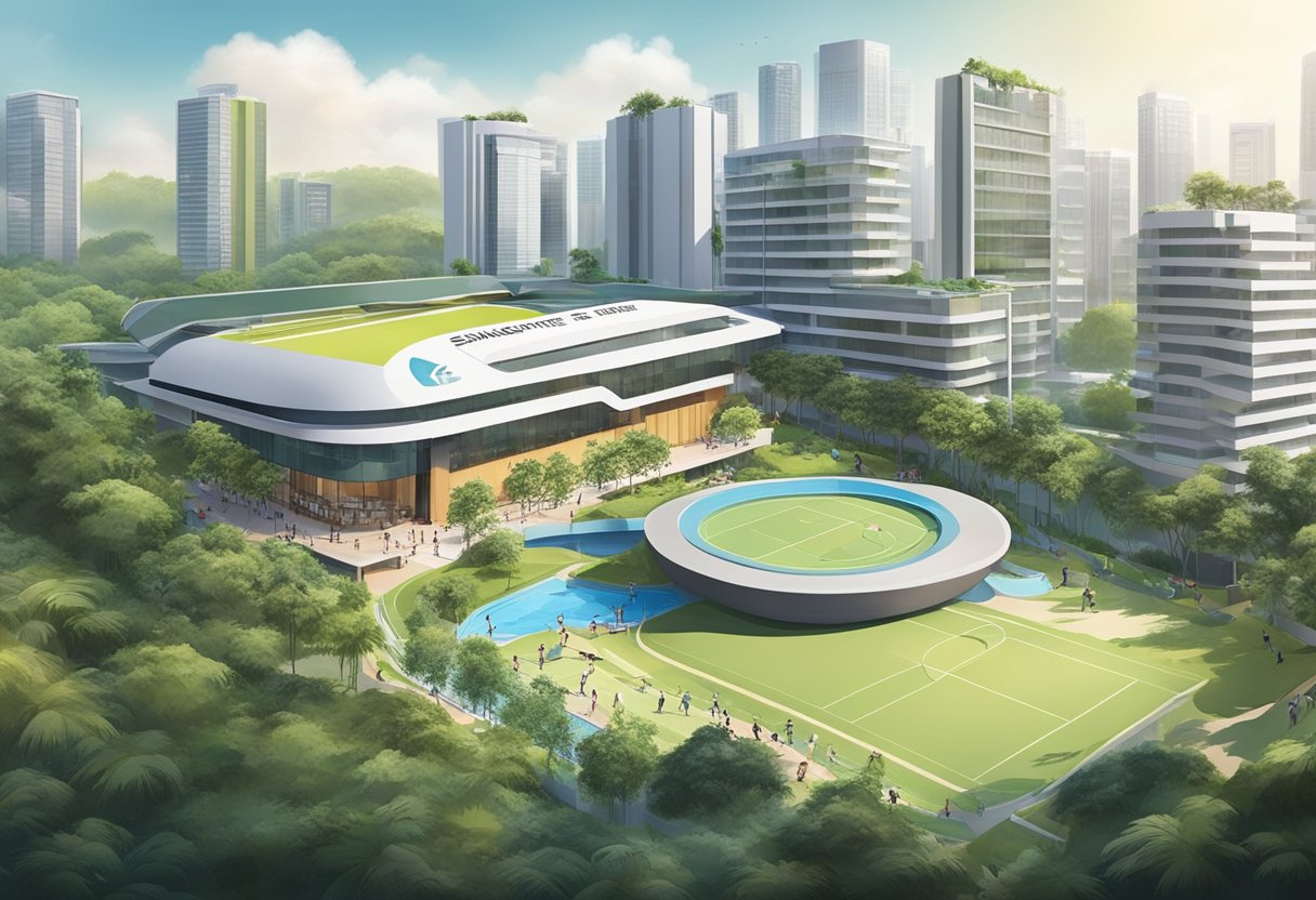 The Singapore Sports School is bustling with activity as students train in various sports facilities. The campus is surrounded by lush greenery and modern architecture, creating a vibrant and dynamic atmosphere