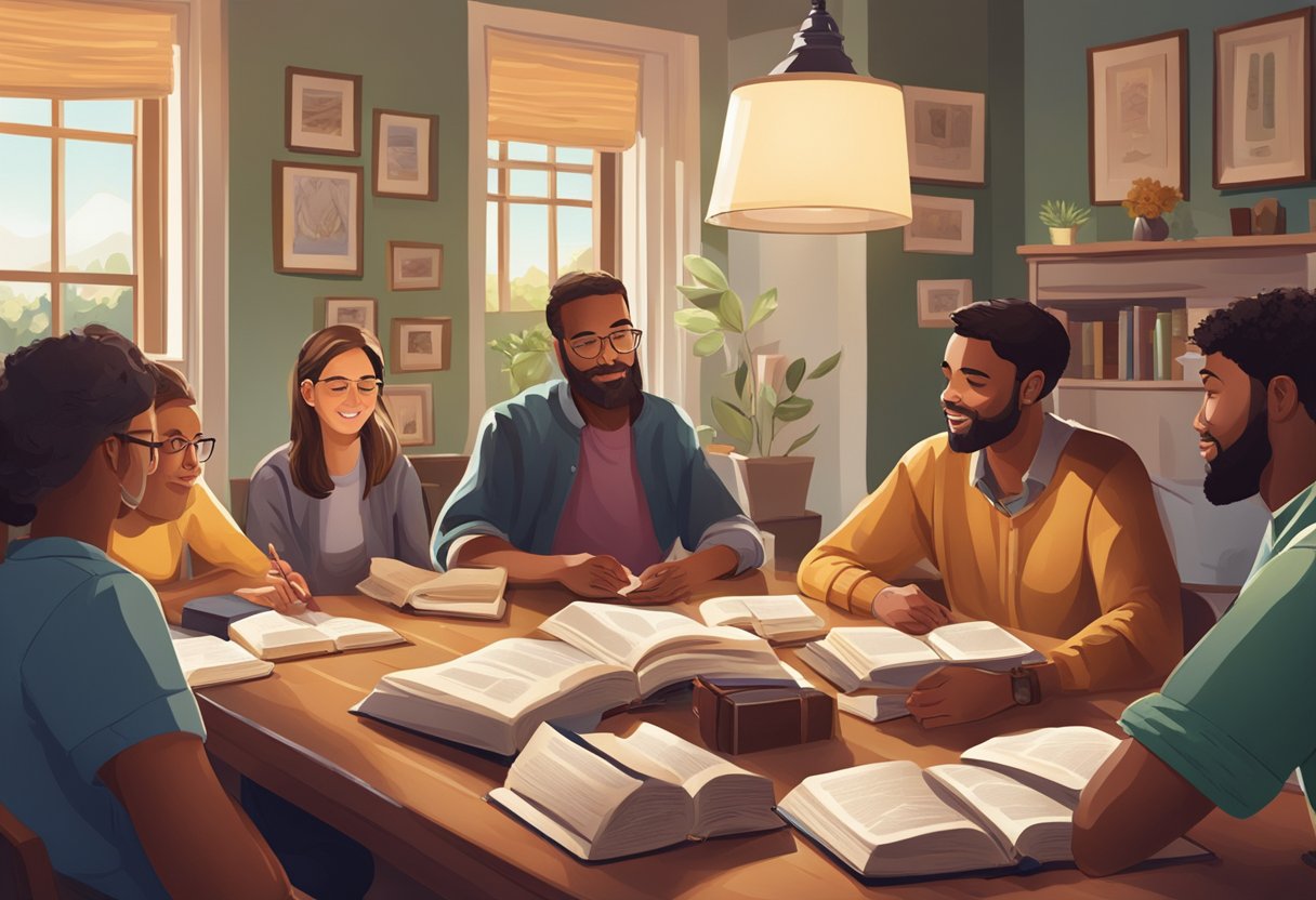 A group of people gather in a cozy room, engaging in lively discussion and study around a table filled with open Bibles and study materials
