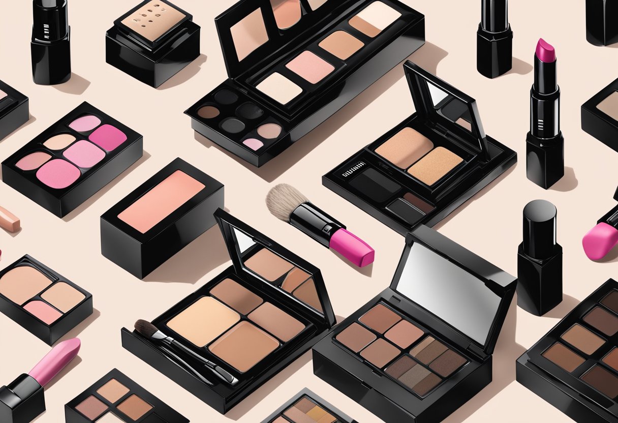 A table displays Bobbi Brown makeup products, including foundation, lipstick, and eyeshadow palettes, with the brand's logo prominently featured