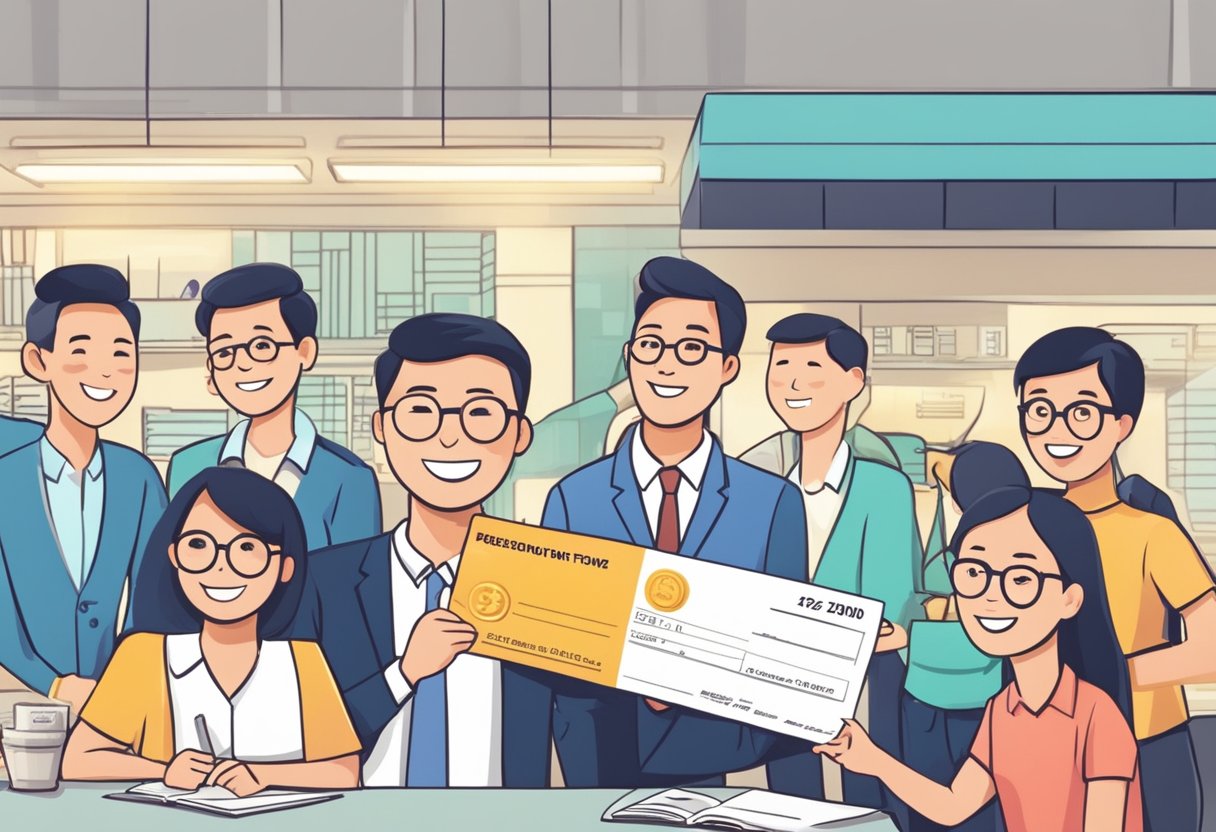 A happy person receiving a tax refund cheque from the Singapore government