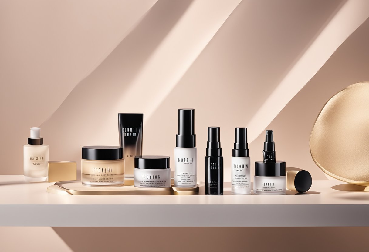 A table displays Bobbi Brown skincare products with soft lighting and a clean, minimalist backdrop