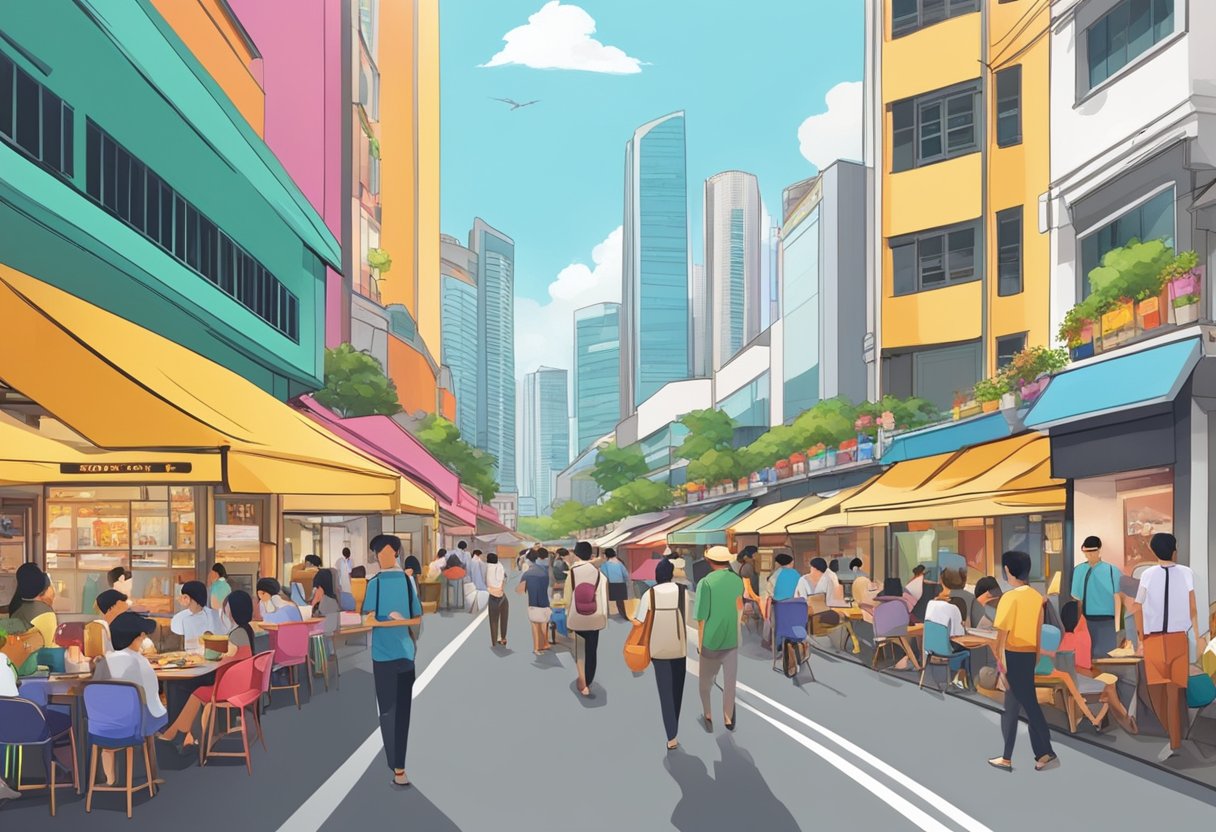 Busy street with colorful signs, outdoor seating, and bustling crowds in Singapore's vibrant food district