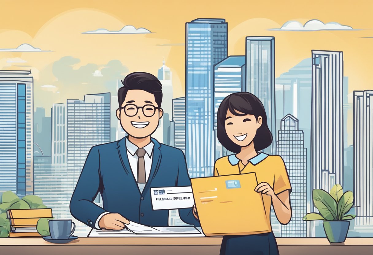 A person receiving a tax refund check in Singapore, smiling while holding the check with a backdrop of the city skyline