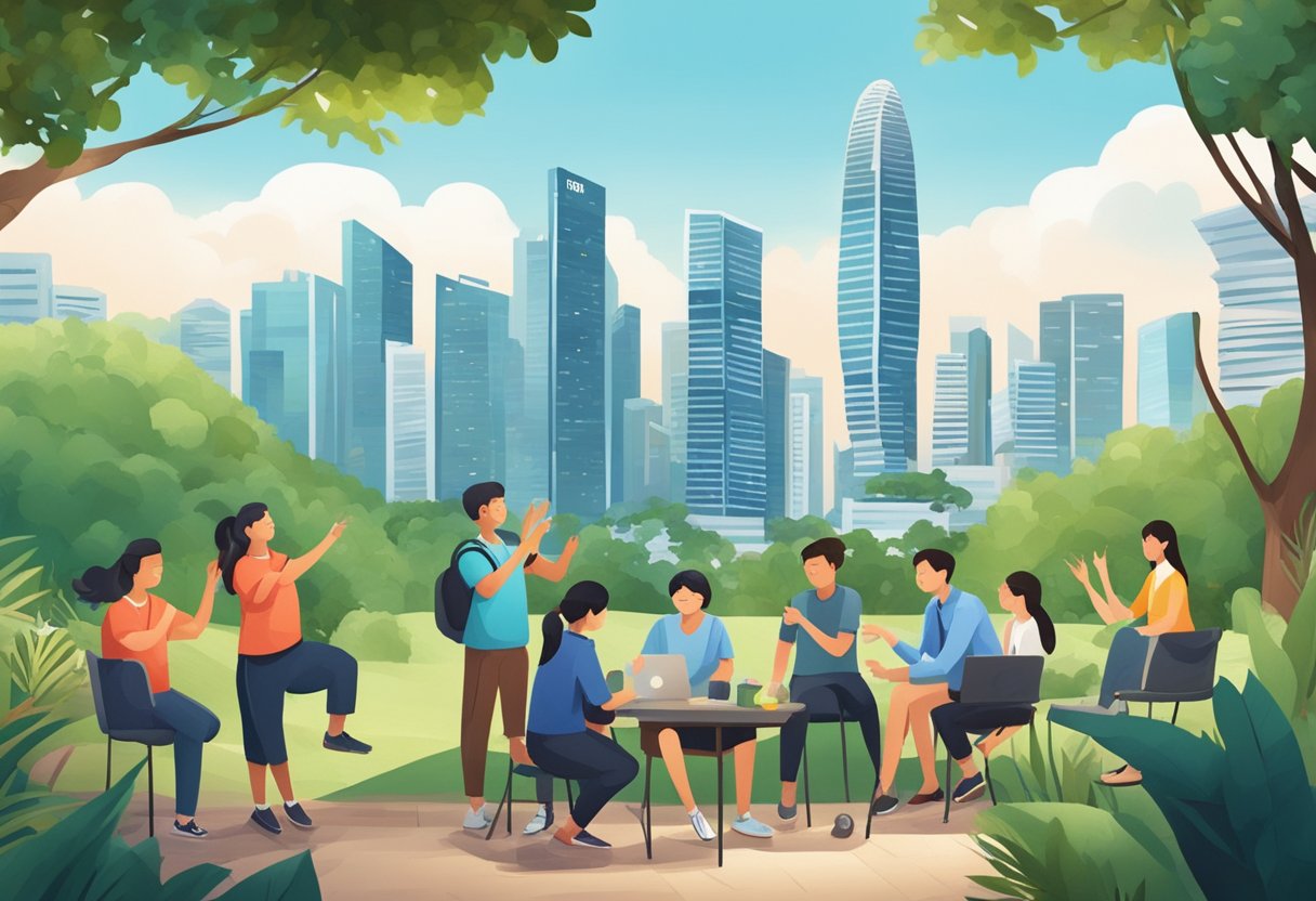 A group of people engage in team bonding activities in Singapore, such as trust falls and problem-solving challenges, in a lush outdoor setting with the city skyline in the background