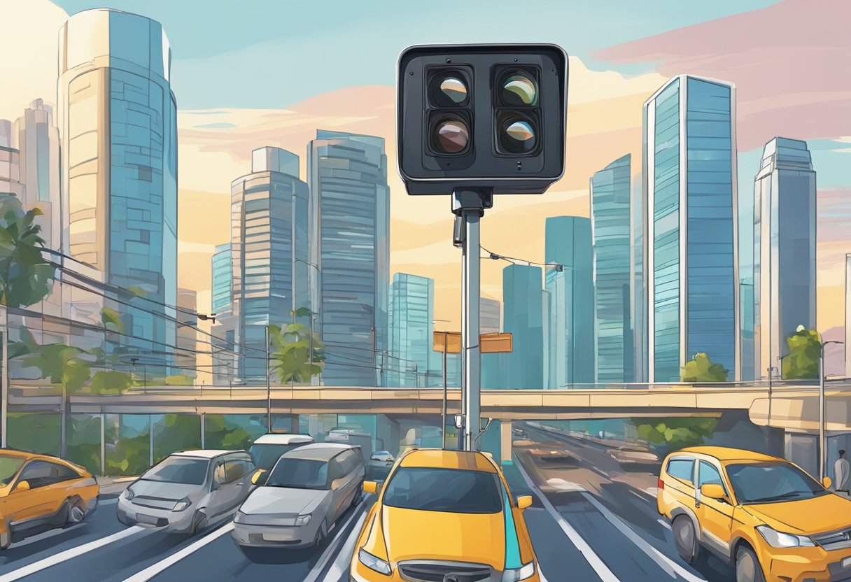 A traffic camera mounted on a pole overlooking a busy Singapore street, capturing the movement of vehicles and pedestrians