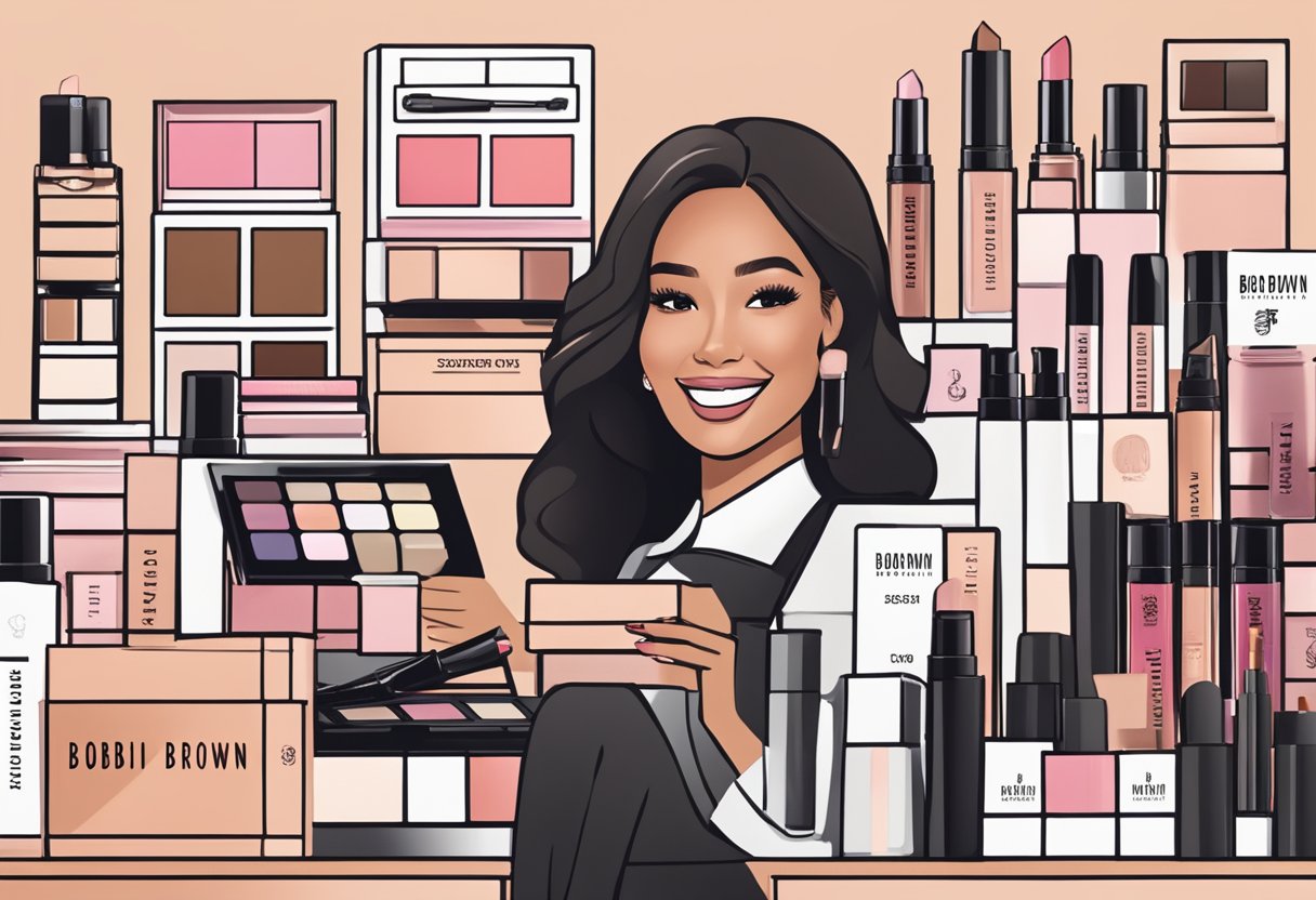 A stack of FAQ cards with "Bobbi Brown Singapore" logo, surrounded by makeup products and a customer service representative's smiling face