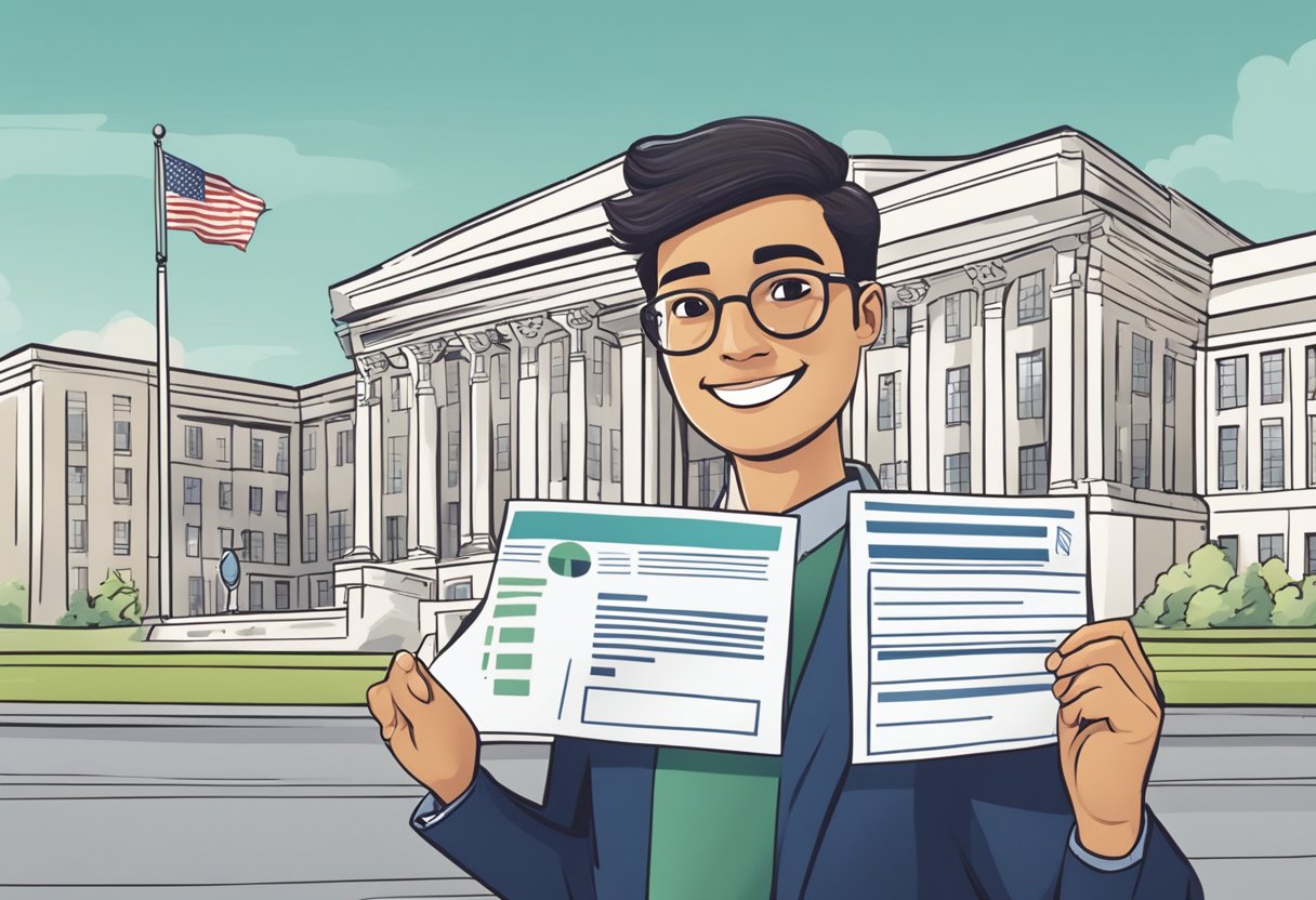 A person holding a completed tax form with a smile, while a government building and a bank are in the background