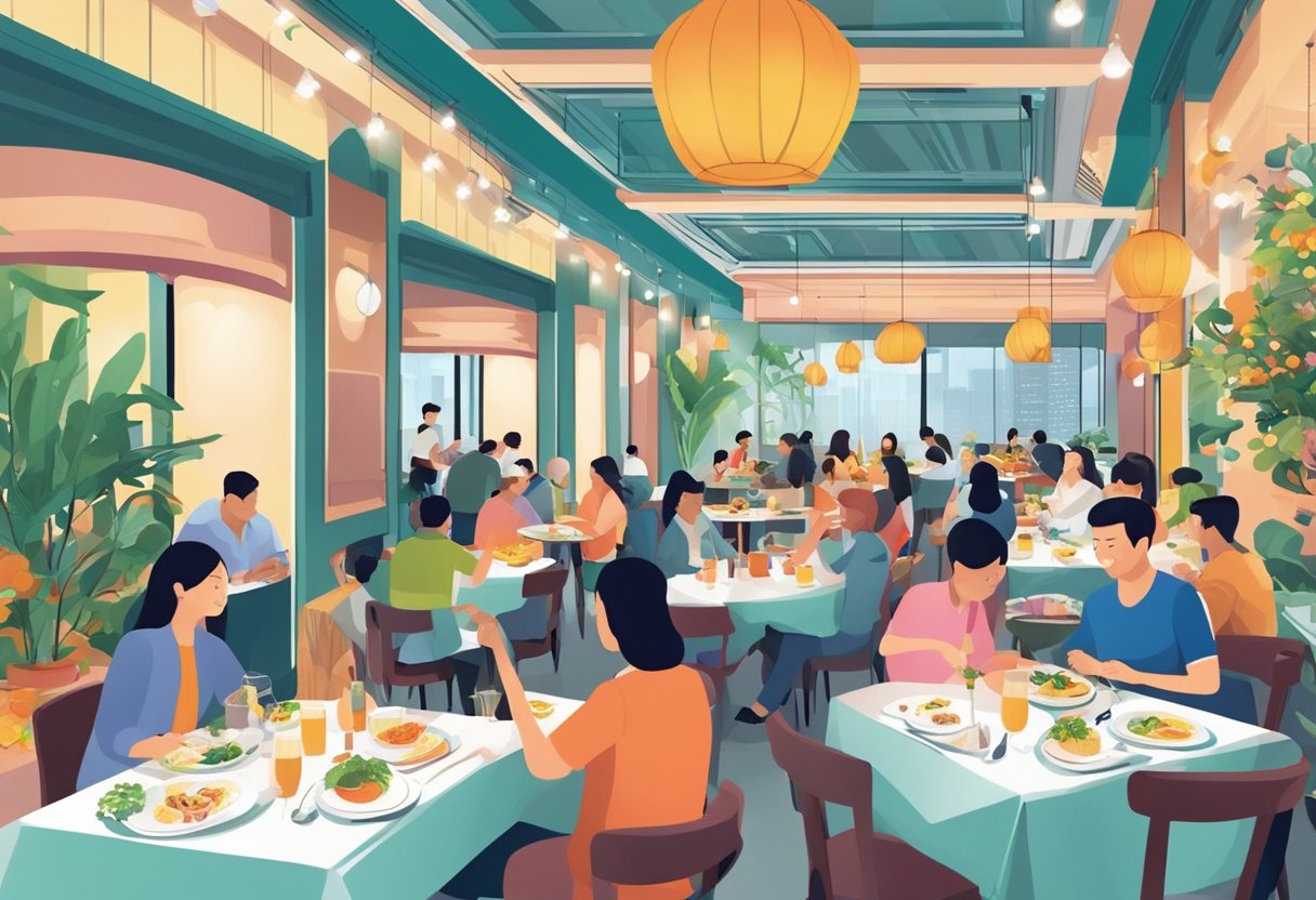 People dining at a bustling new restaurant in Singapore, with colorful decor and delicious dishes being served