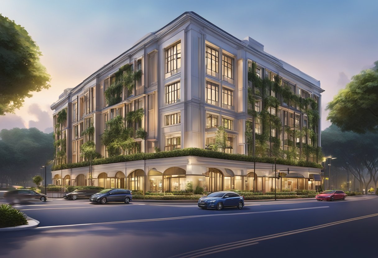 The Oxford Hotel in Singapore stands tall, with its modern architecture and sleek design. The building is surrounded by lush greenery and is illuminated by soft, warm lighting, creating a welcoming and luxurious atmosphere