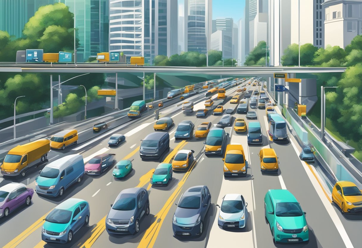A busy Singapore road with traffic cameras mounted on poles, capturing vehicles in motion