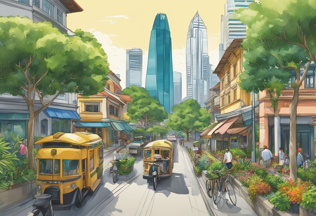 Patagonia Singapore: lush greenery, towering skyscrapers, bustling streets, and a vibrant mix of modern and traditional architecture