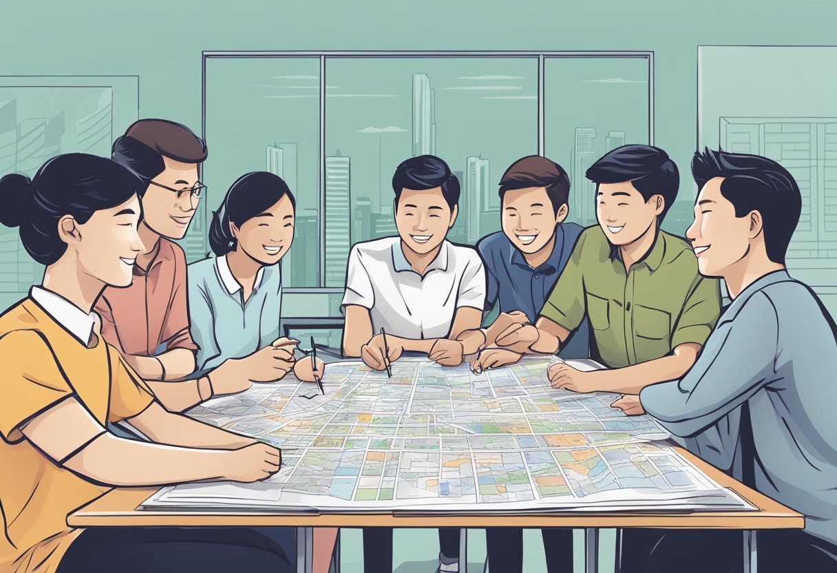 A group of people gather around a table, discussing and choosing from a variety of team bonding activities in Singapore. Tables are covered with brochures, maps, and equipment options