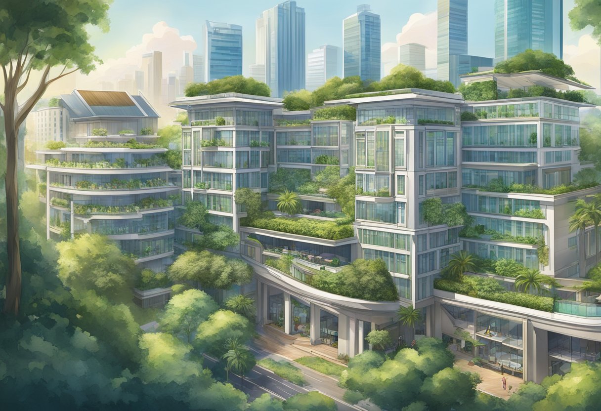 The Oxford Hotel in Singapore, with its modern architecture, stands tall against the city skyline, surrounded by lush greenery and a bustling cityscape