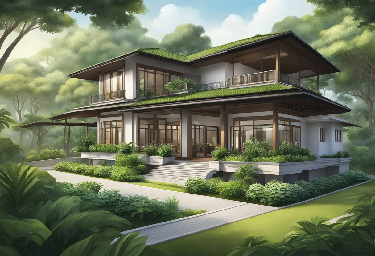 A bungalow chalet in Singapore stands amidst lush greenery, with a traditional sloping roof and wide verandas