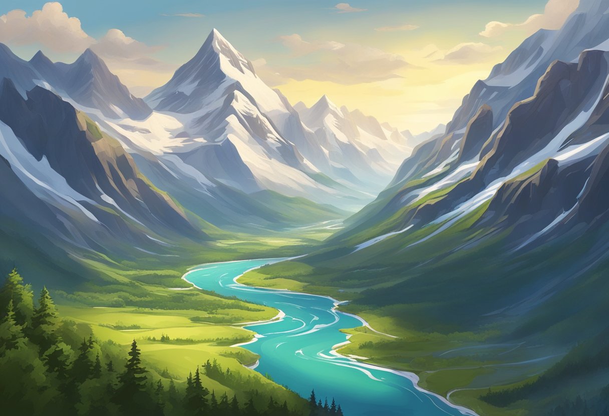 Vast, rugged landscape with snow-capped mountains, winding rivers, and lush greenery. A sense of adventure and exploration in the air
