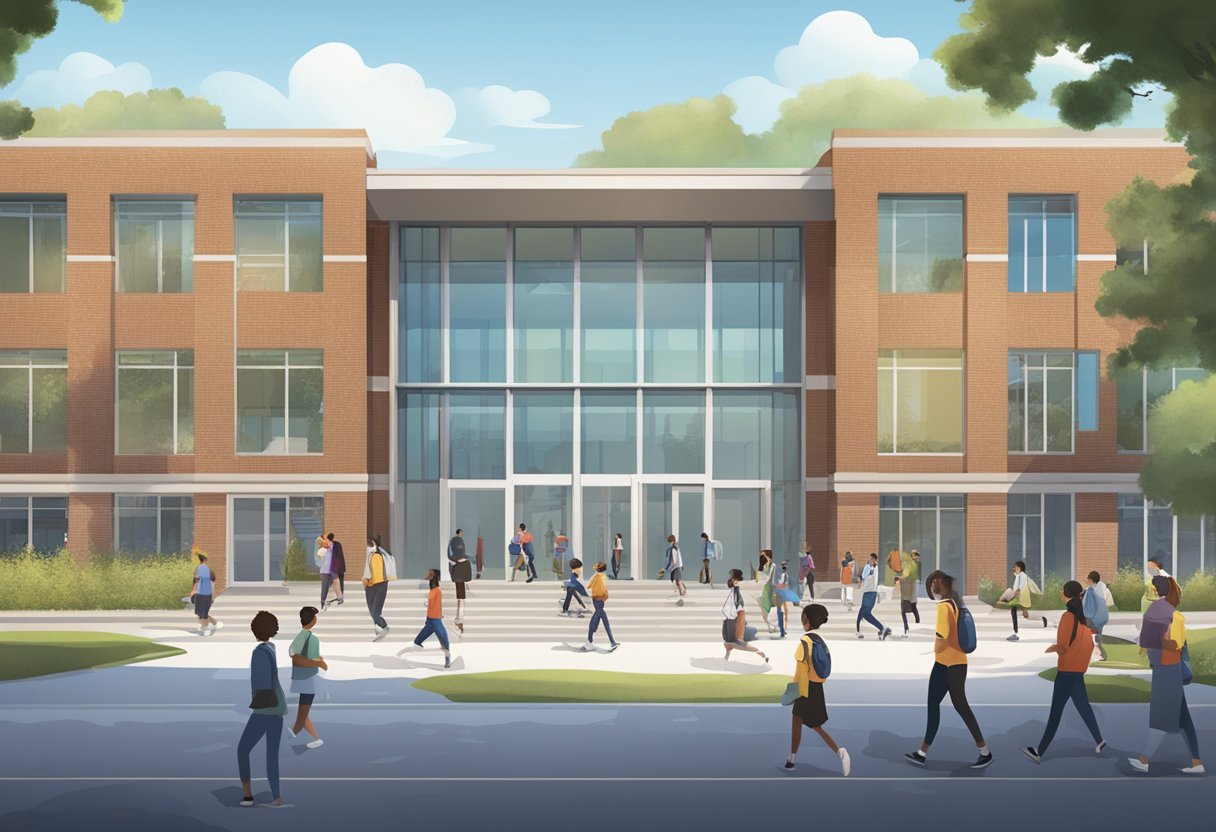 Students walking past the sports school's entrance, with a sign displaying "Frequently Asked Questions" prominently. The school building and sports facilities are visible in the background