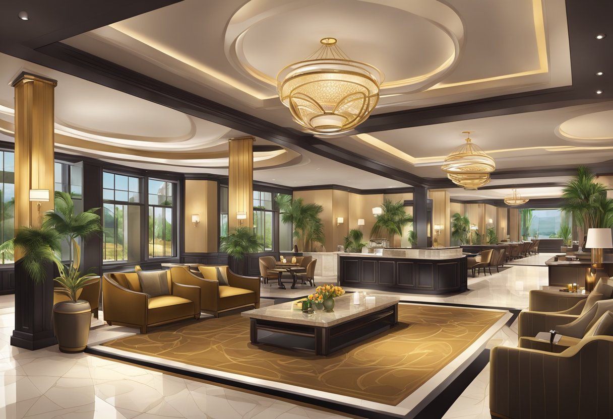The hotel lobby showcases a luxurious spa, fitness center, and concierge desk. A restaurant and bar offer elegant dining options