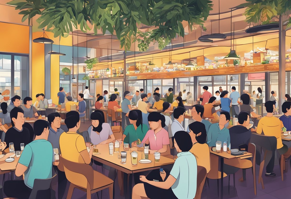 A bustling restaurant scene in Singapore, with diverse patrons enjoying drinks and conversation in a vibrant social space