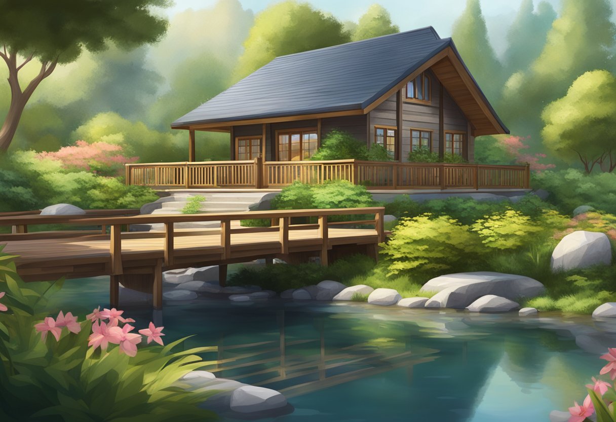 A serene bungalow chalet nestled amidst lush greenery, with a quaint wooden bridge leading to a tranquil pond and a cozy outdoor seating area