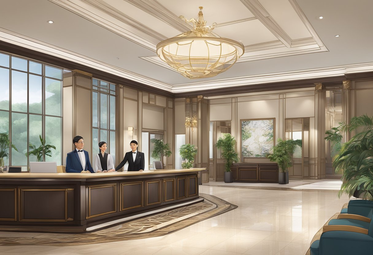 The lobby of Oxford Hotel Singapore, with a front desk, seating area, and a concierge assisting guests