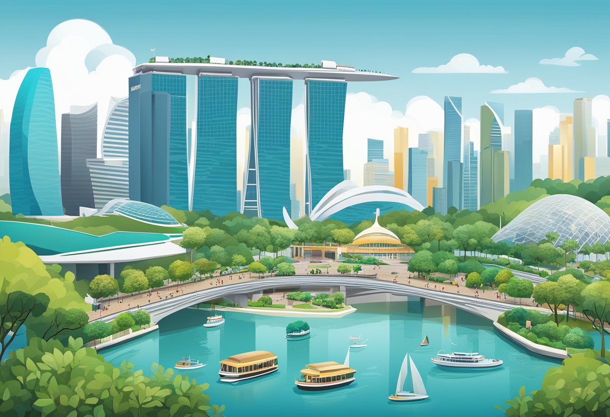 A bustling cityscape with iconic landmarks like the Marina Bay Sands and Gardens by the Bay, surrounded by modern skyscrapers and vibrant street life