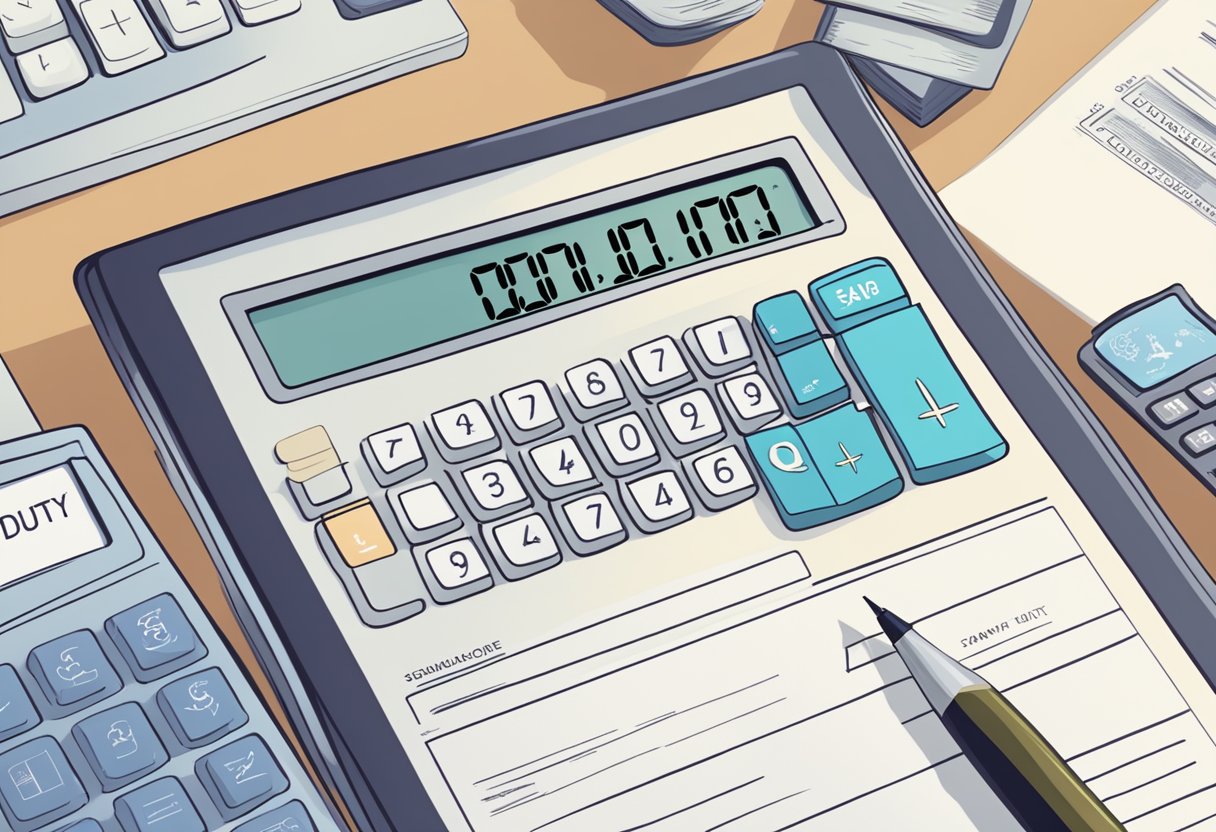 A calculator with the words "Stamp Duty Calculator Singapore" displayed on the screen, surrounded by relevant documents and government forms