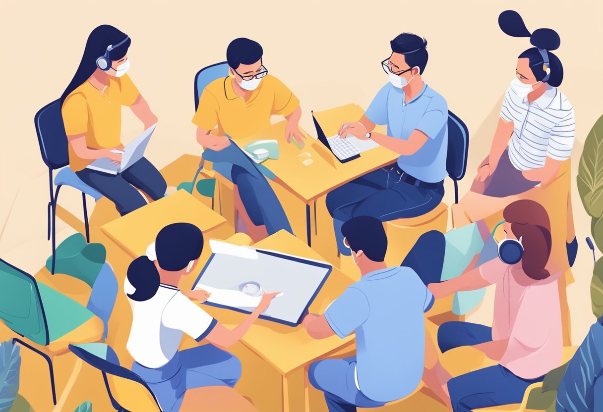 A group of people engage in team bonding activities in Singapore, participating in games and challenges to strengthen their teamwork and communication skills