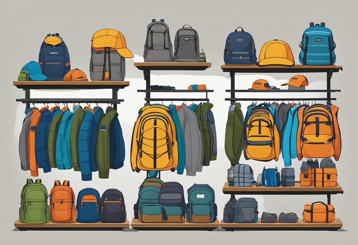 Outdoor gear and accessories displayed on shelves and hooks, with backpacks, jackets, hats, and water bottles. Patagonia Singapore logo visible