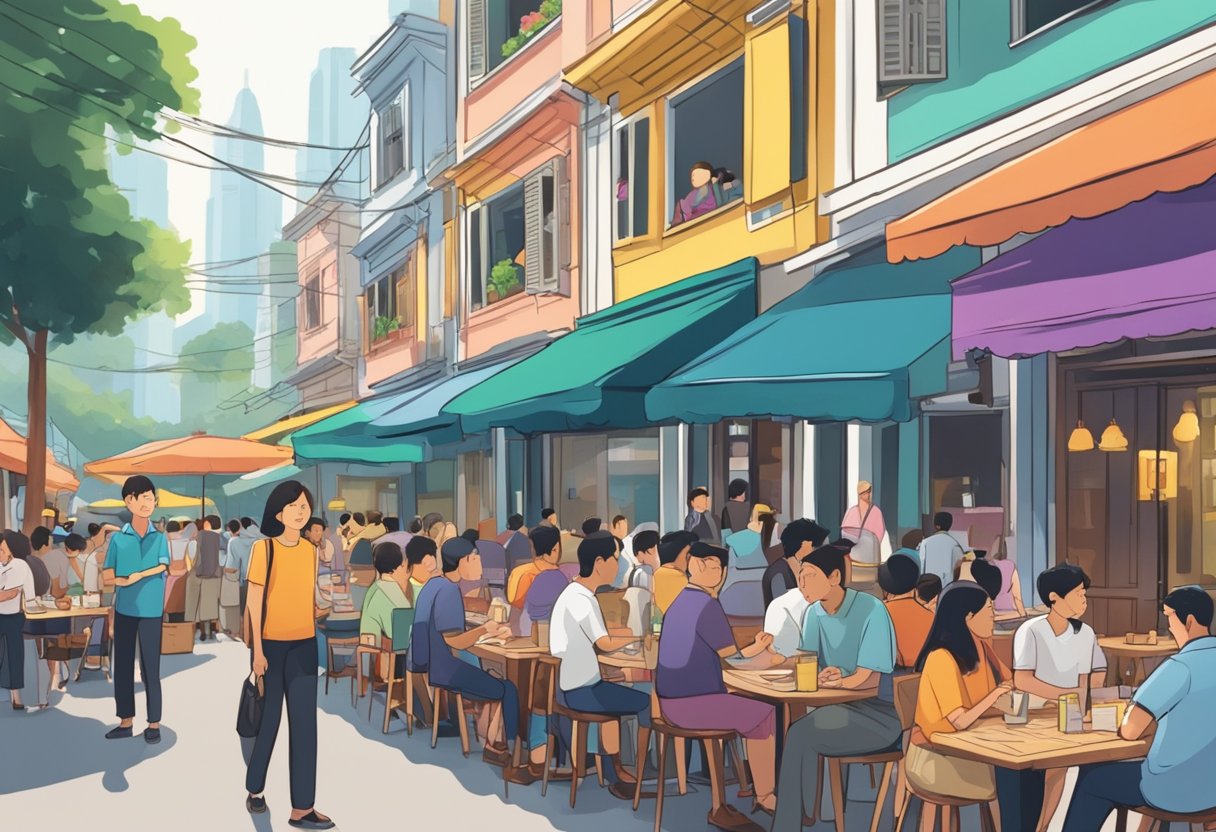 A bustling street in Singapore with colorful restaurant signs and people lining up, while others sit at outdoor tables, eagerly asking questions about the new eateries