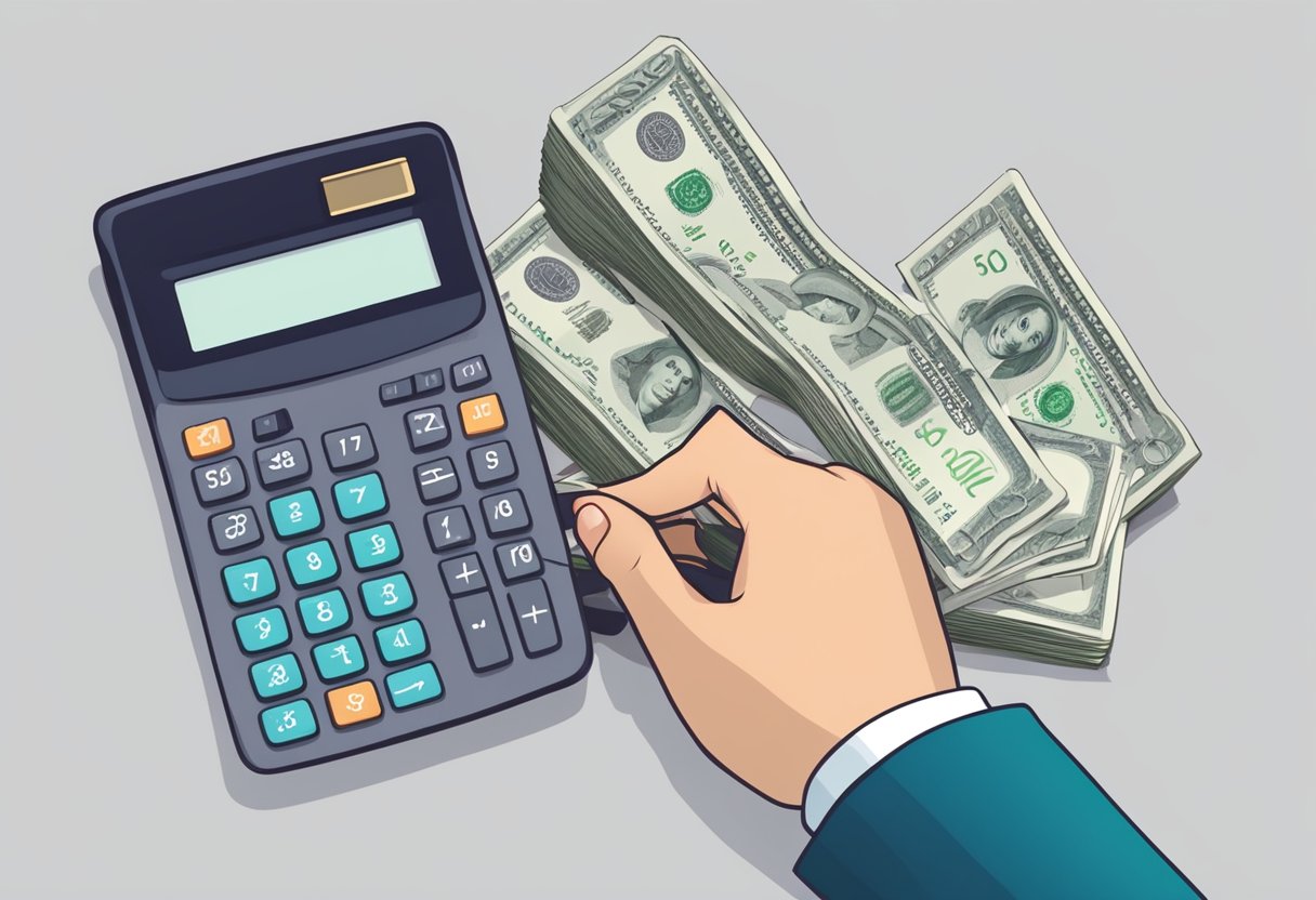 A hand holding a calculator with a paper showing "Calculating and Paying Stamp Duty" and a stack of money next to it