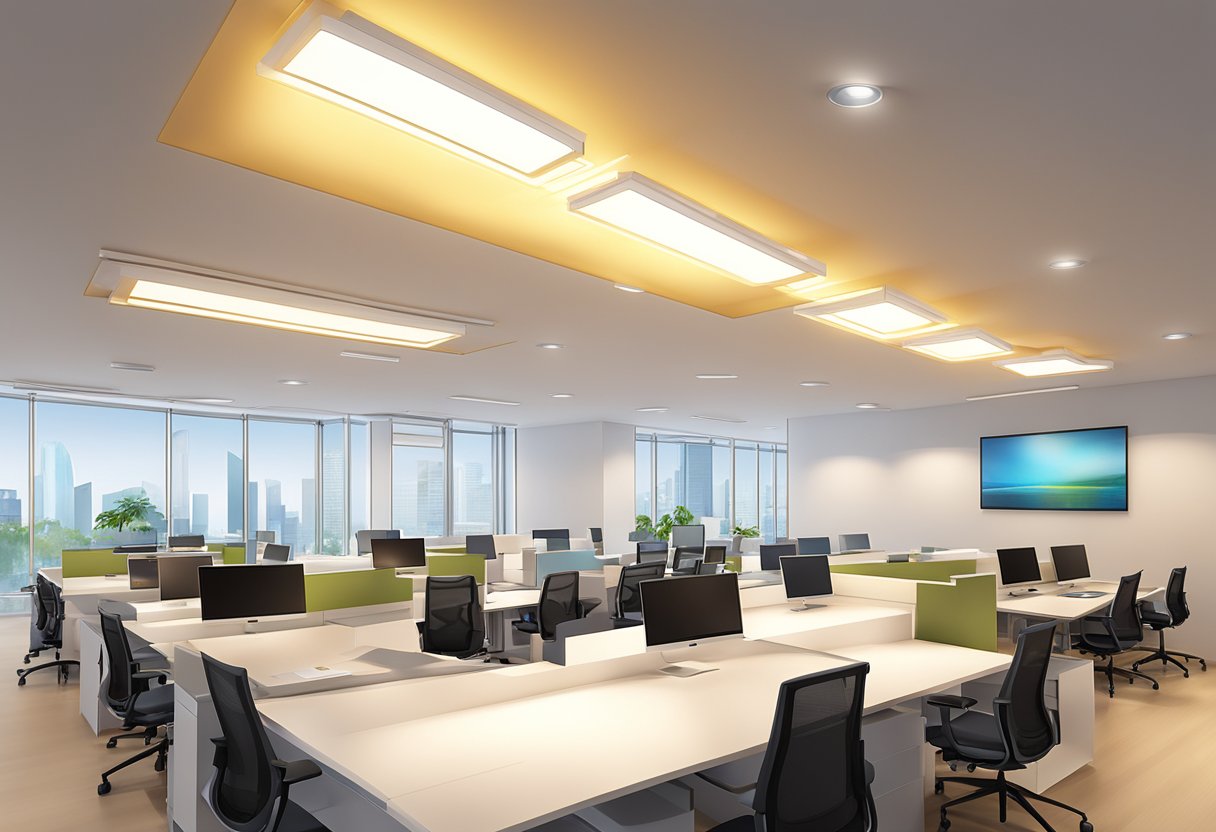 Several ceiling lights in a modern Singapore office, casting a warm glow over the space