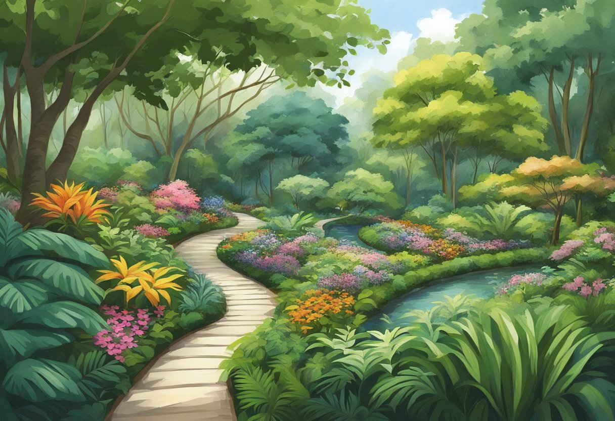 Lush greenery surrounds a winding path through The Halia at Singapore Botanic Gardens. Colorful flowers and exotic plants line the trail, while the sound of running water adds to the tranquil atmosphere
