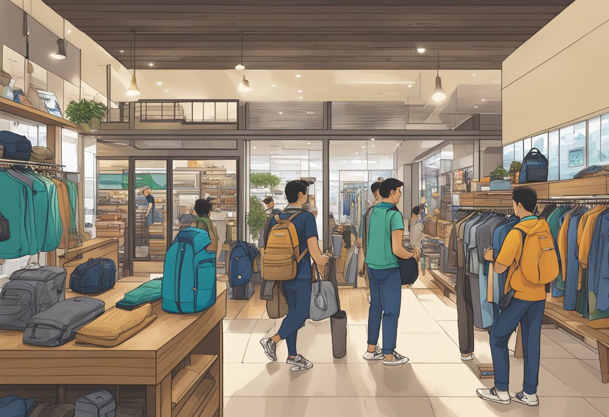 A bustling Patagonia store in Singapore, with customers browsing outdoor gear and staff assisting with inquiries